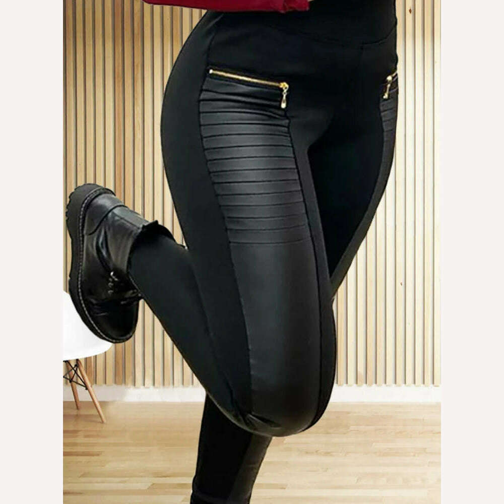 KIMLUD, Black Pants for Women Europe America Style Casual Trousers Faux Leather Stitching Leggings Oversize Female Elegant Streetwear, KIMLUD Womens Clothes