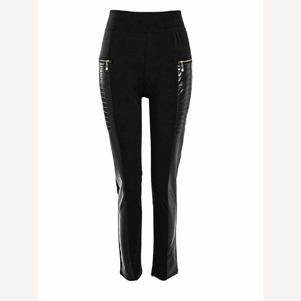 KIMLUD, Black Pants for Women Europe America Style Casual Trousers Faux Leather Stitching Leggings Oversize Female Elegant Streetwear, KIMLUD Womens Clothes