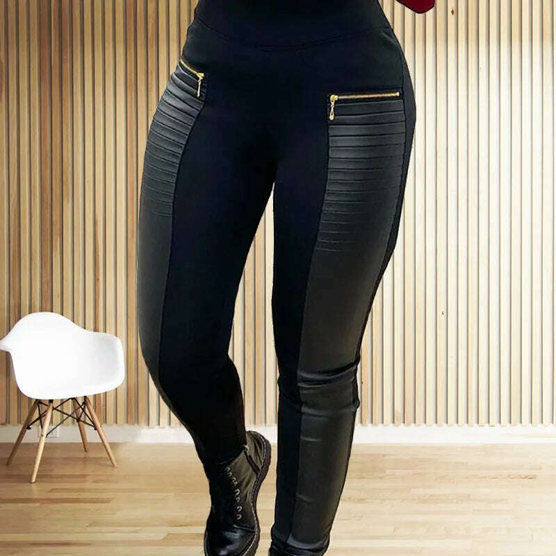 KIMLUD, Black Pants for Women Europe America Style Casual Trousers Faux Leather Stitching Leggings Oversize Female Elegant Streetwear, KIMLUD Womens Clothes