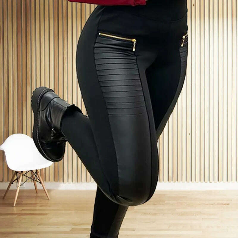KIMLUD, Black Pants for Women Europe America Style Casual Trousers Faux Leather Stitching Leggings Oversize Female Elegant Streetwear, KIMLUD Womens Clothes