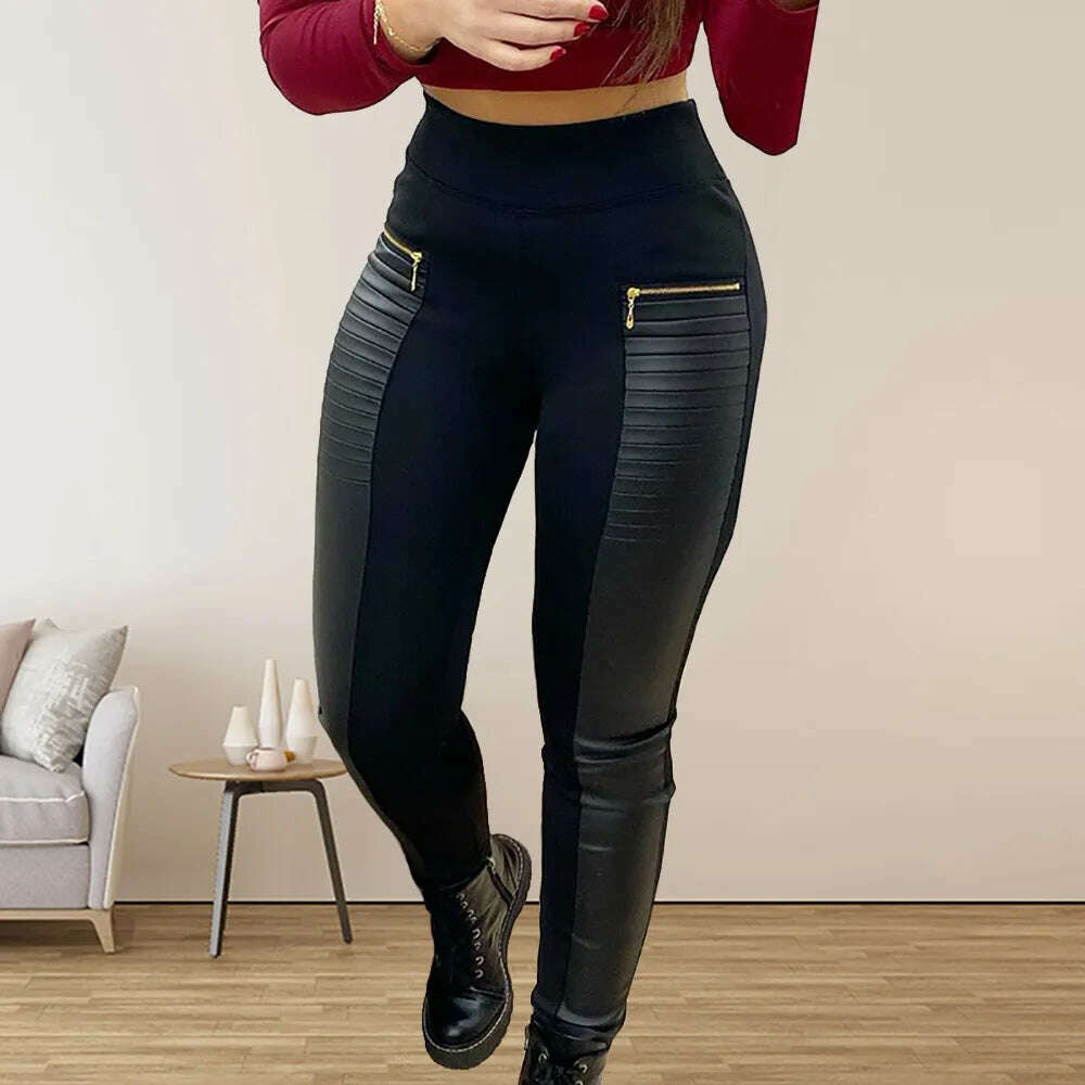 KIMLUD, Black Pants for Women Europe America Style Casual Trousers Faux Leather Stitching Leggings Oversize Female Elegant Streetwear, KIMLUD Womens Clothes