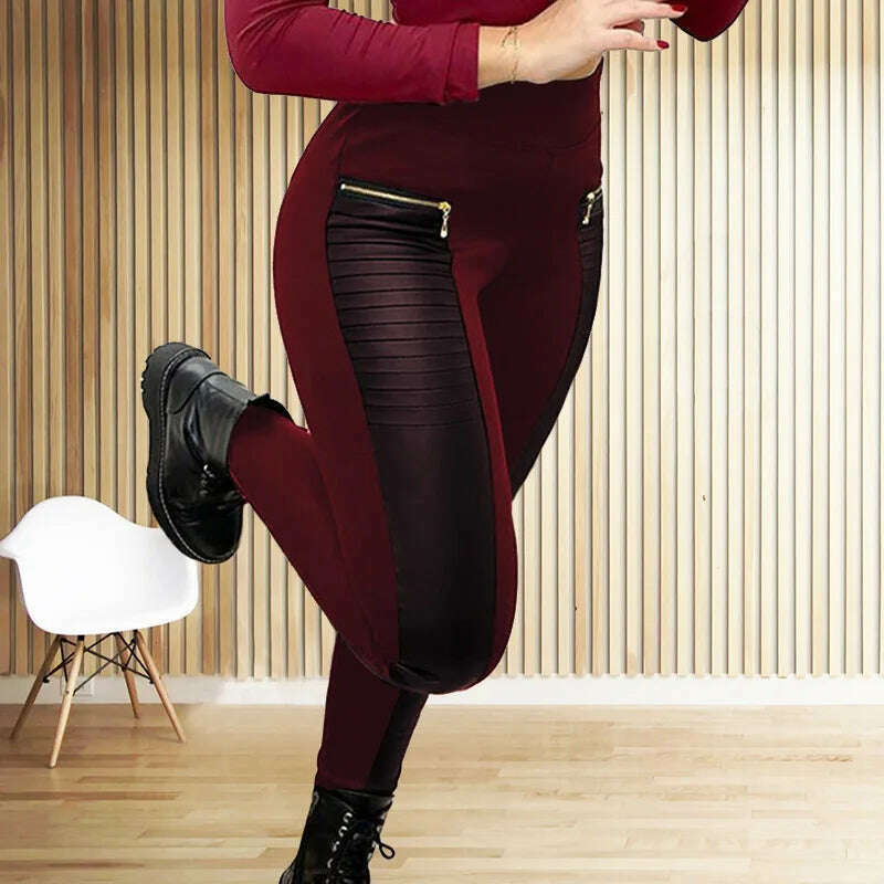 KIMLUD, Black Pants for Women Europe America Style Casual Trousers Faux Leather Stitching Leggings Oversize Female Elegant Streetwear, KIMLUD Womens Clothes