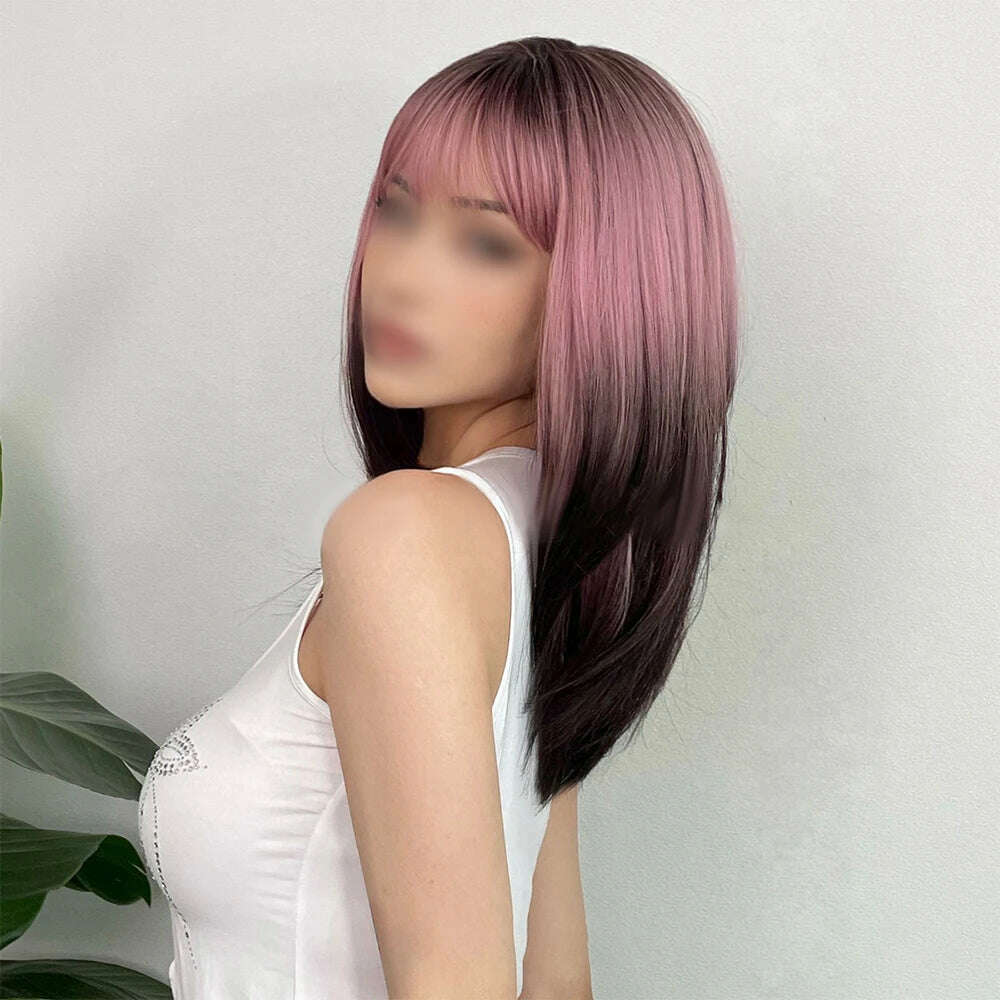 Black Pink Ombre Synthetic Wigs for Cosplay Long Straight Layered Wigs with Bangs for Women Heat Resistant Fake Hair - KIMLUD