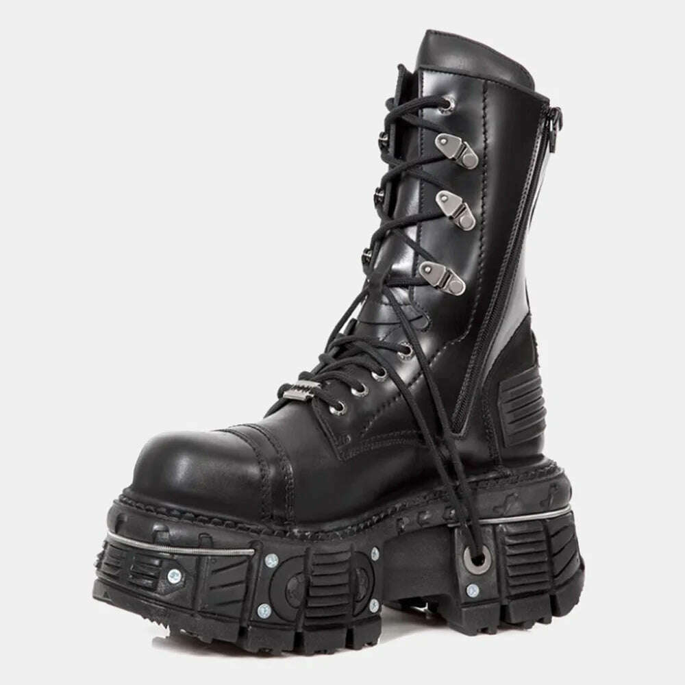 KIMLUD, Black Platform Lace Up Women Short Genuine Leather Motorcycle Boots Microfiber Punk Shoes Round Toe Metal Decorate Mid-calf Boot, KIMLUD Womens Clothes