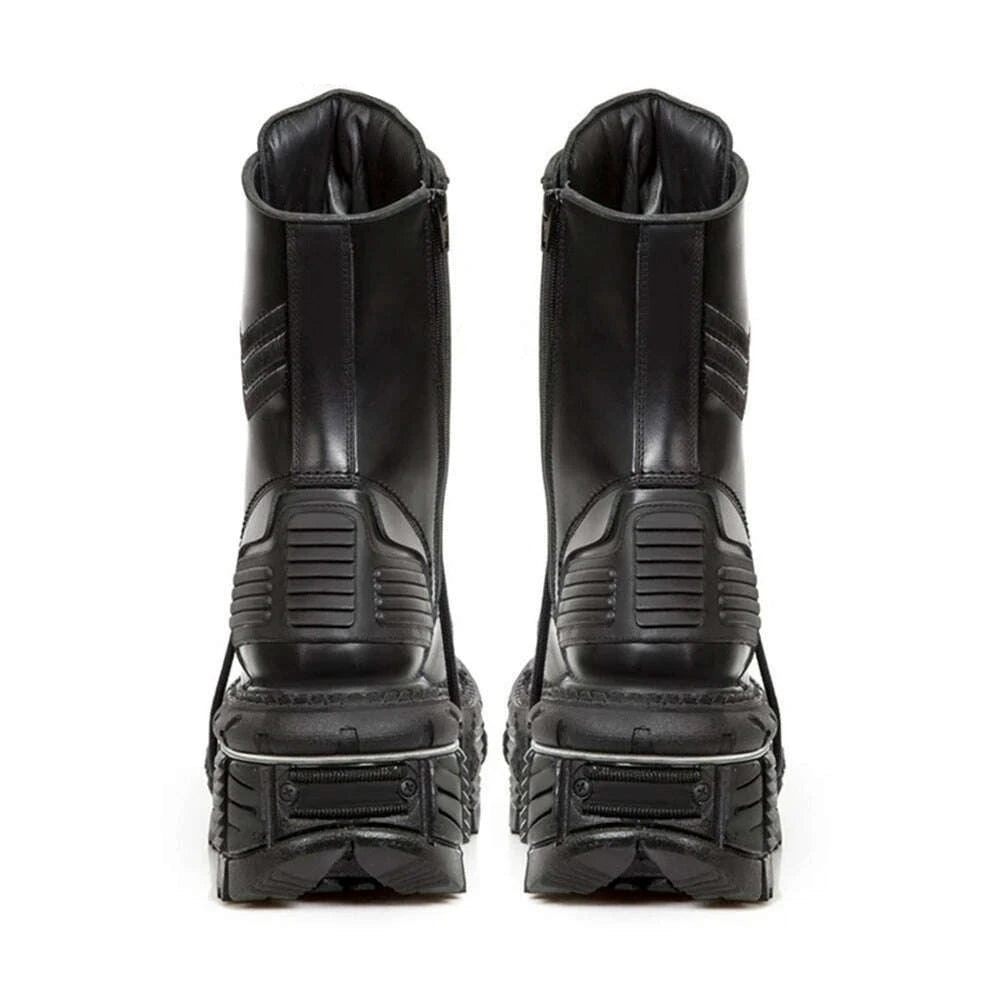KIMLUD, Black Platform Lace Up Women Short Genuine Leather Motorcycle Boots Microfiber Punk Shoes Round Toe Metal Decorate Mid-calf Boot, KIMLUD Womens Clothes