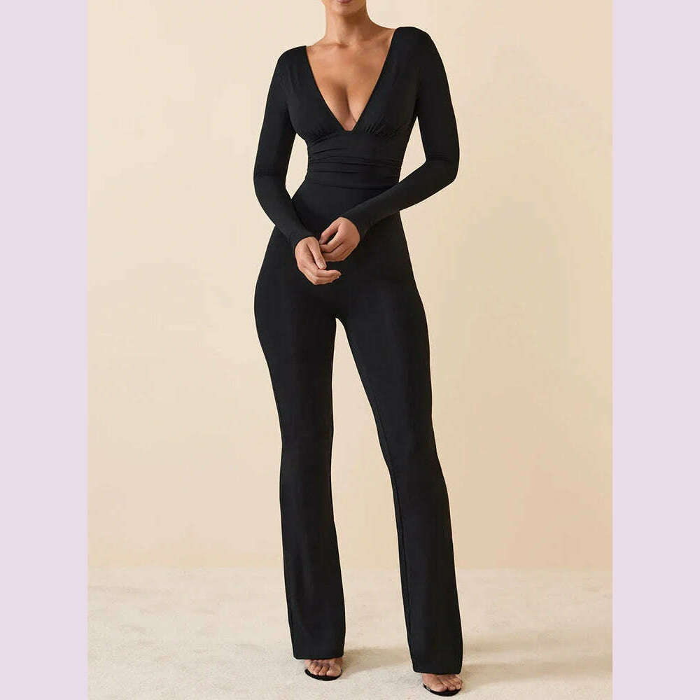 KIMLUD, Black Pleated Big Flare Jumpsuit Long Sleeve V Neck Skinny Jumpsuit Pants Women Sexy Slim Backless Long Sleeve Trousers, Black / L, KIMLUD APPAREL - Womens Clothes