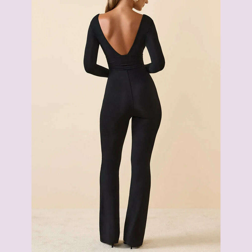 KIMLUD, Black Pleated Big Flare Jumpsuit Long Sleeve V Neck Skinny Jumpsuit Pants Women Sexy Slim Backless Long Sleeve Trousers, KIMLUD Womens Clothes