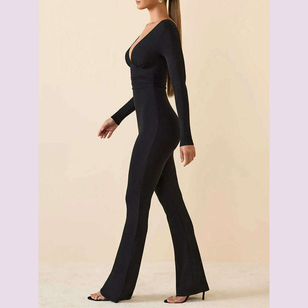 KIMLUD, Black Pleated Big Flare Jumpsuit Long Sleeve V Neck Skinny Jumpsuit Pants Women Sexy Slim Backless Long Sleeve Trousers, KIMLUD Womens Clothes