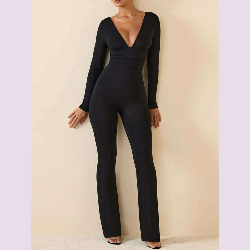 KIMLUD, Black Pleated Big Flare Jumpsuit Long Sleeve V Neck Skinny Jumpsuit Pants Women Sexy Slim Backless Long Sleeve Trousers, KIMLUD Womens Clothes