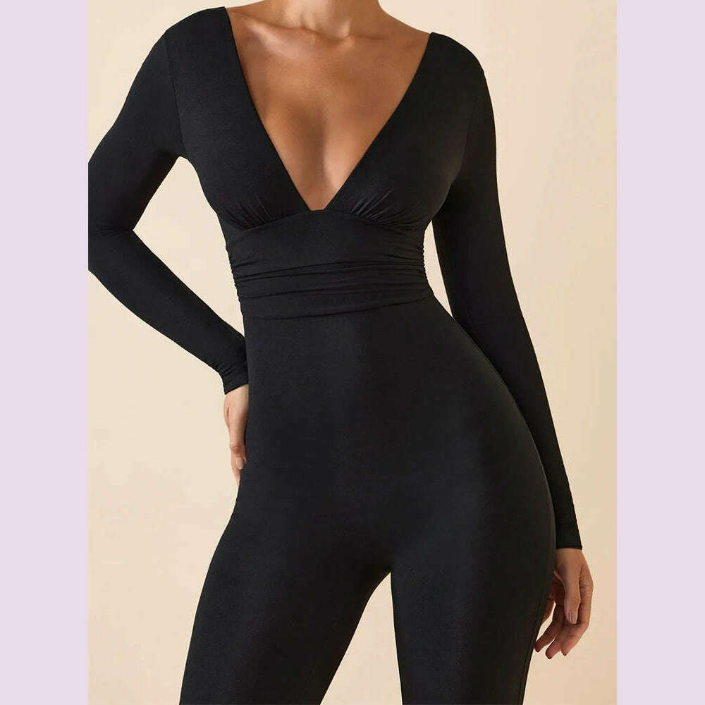 KIMLUD, Black Pleated Big Flare Jumpsuit Long Sleeve V Neck Skinny Jumpsuit Pants Women Sexy Slim Backless Long Sleeve Trousers, KIMLUD Womens Clothes