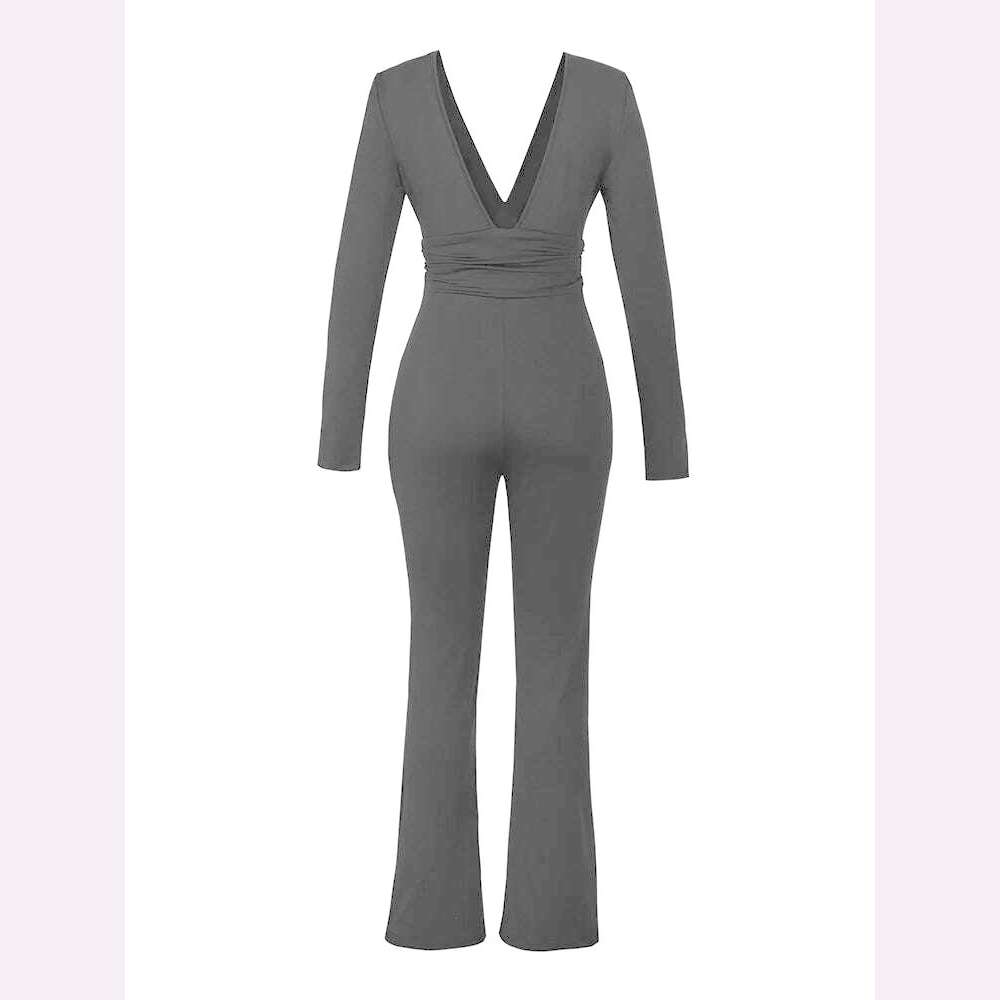 KIMLUD, Black Pleated Big Flare Jumpsuit Long Sleeve V Neck Skinny Jumpsuit Pants Women Sexy Slim Backless Long Sleeve Trousers, KIMLUD Womens Clothes