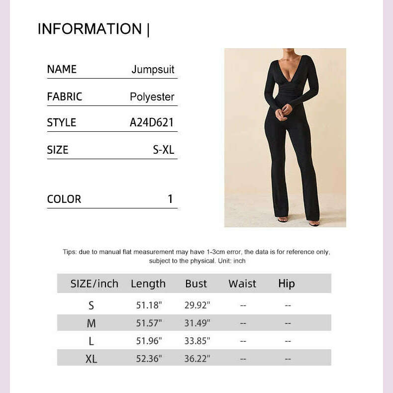 KIMLUD, Black Pleated Big Flare Jumpsuit Long Sleeve V Neck Skinny Jumpsuit Pants Women Sexy Slim Backless Long Sleeve Trousers, KIMLUD Womens Clothes