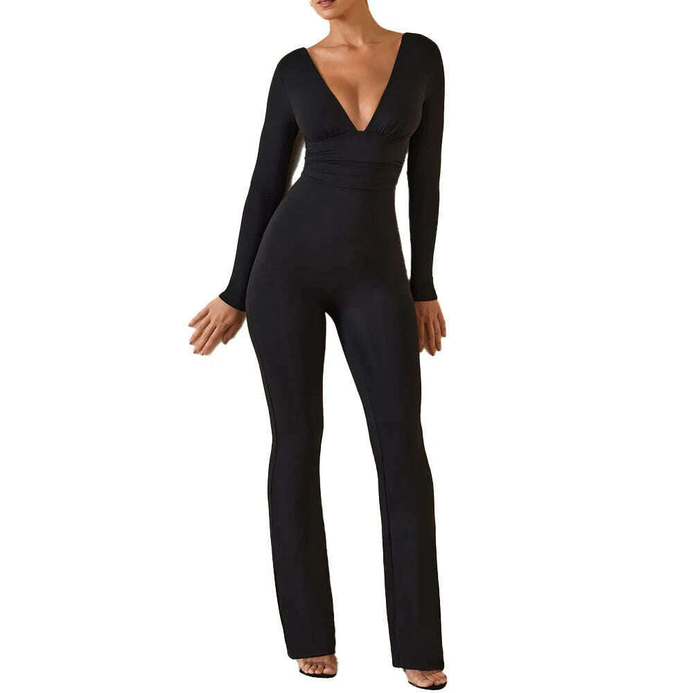 KIMLUD, Black Pleated Big Flare Jumpsuit Long Sleeve V Neck Skinny Jumpsuit Pants Women Sexy Slim Backless Long Sleeve Trousers, KIMLUD Womens Clothes