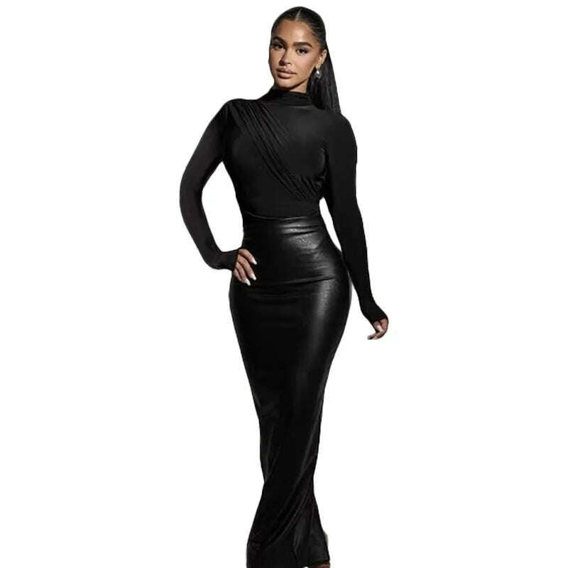 Black PU Leather Long Skirt Sexy Women High Waist Elegant High Street Faux Leather Casual Skirt - KIMLUD