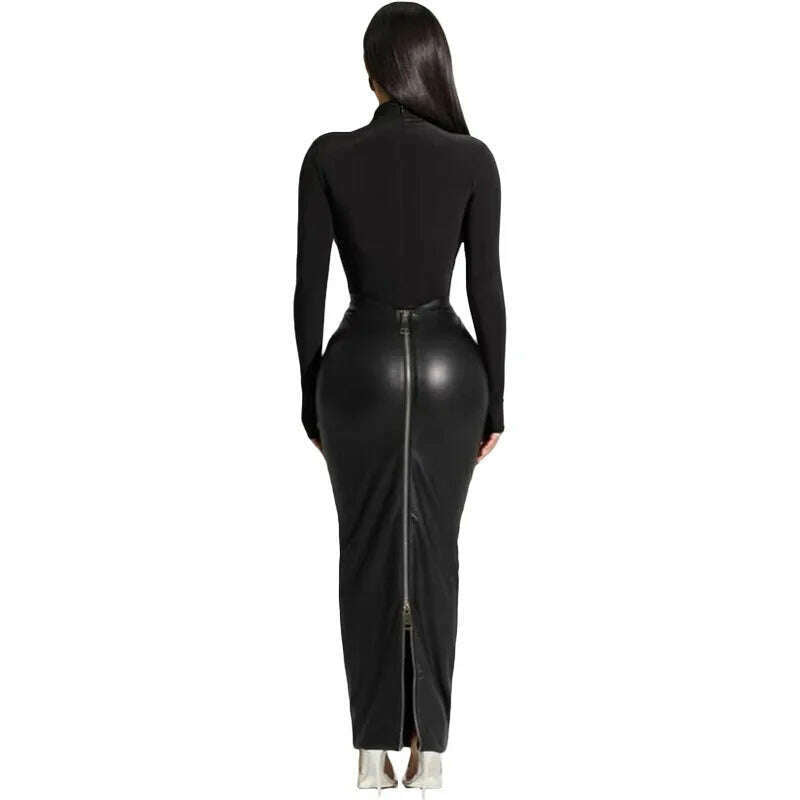 Black PU Leather Long Skirt Sexy Women High Waist Elegant High Street Faux Leather Casual Skirt - KIMLUD
