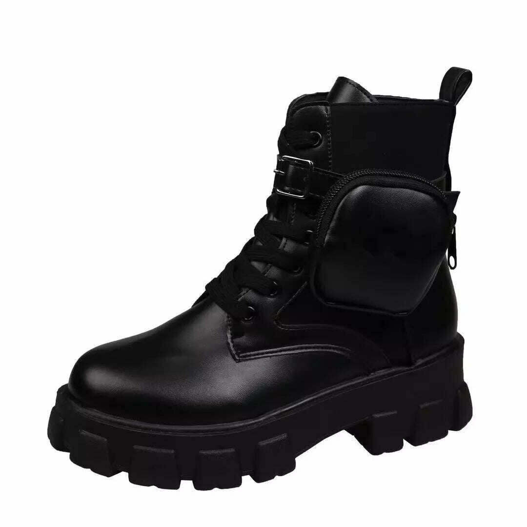 KIMLUD, Black Punk Ankle Thick-soled Motorcycle Ankle Boots Women's Lace-up Spring Thick Heel Belt Buckle Pocket Designer Chunky Shoes, Matte black / size small, KIMLUD Womens Clothes