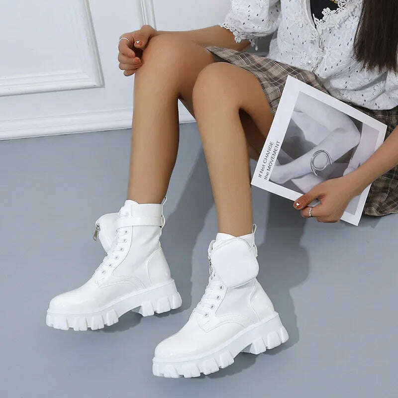KIMLUD, Black Punk Ankle Thick-soled Motorcycle Ankle Boots Women's Lace-up Spring Thick Heel Belt Buckle Pocket Designer Chunky Shoes, white / size small, KIMLUD Womens Clothes