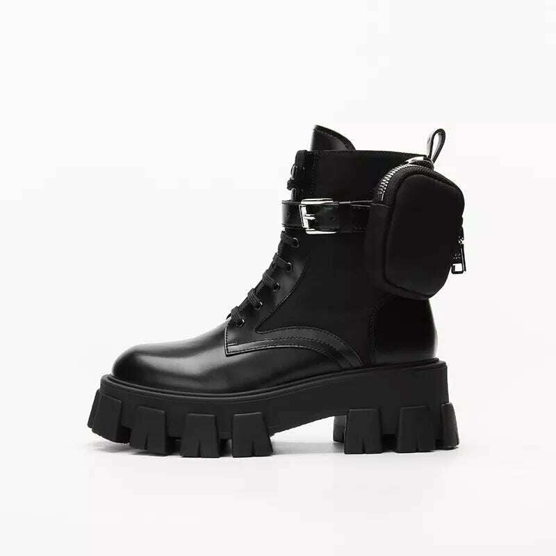 KIMLUD, Black Punk Ankle Thick-soled Motorcycle Ankle Boots Women's Lace-up Spring Thick Heel Belt Buckle Pocket Designer Chunky Shoes, Shiny black / size small, KIMLUD Womens Clothes