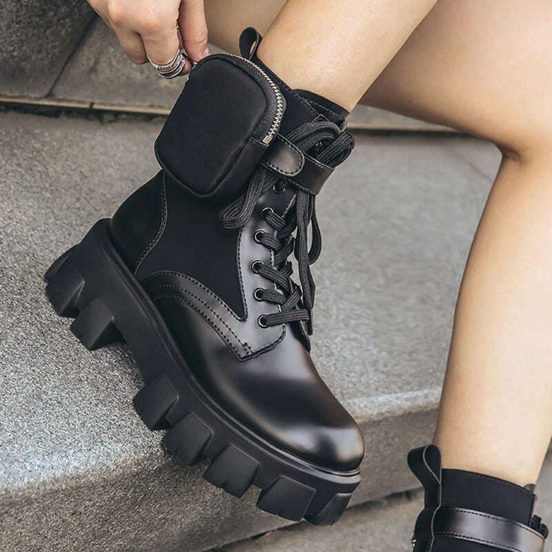 KIMLUD, Black Punk Ankle Thick-soled Motorcycle Ankle Boots Women's Lace-up Spring Thick Heel Belt Buckle Pocket Designer Chunky Shoes, KIMLUD Womens Clothes