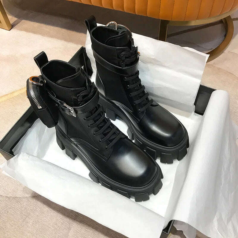 KIMLUD, Black Punk Ankle Thick-soled Motorcycle Ankle Boots Women's Lace-up Spring Thick Heel Belt Buckle Pocket Designer Chunky Shoes, KIMLUD Womens Clothes