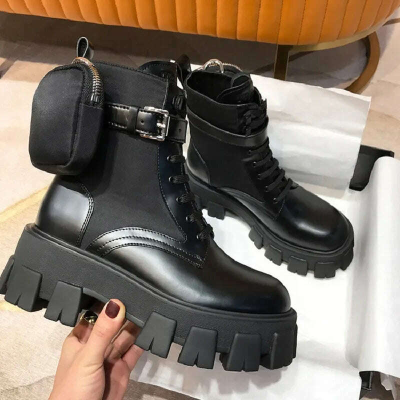 KIMLUD, Black Punk Ankle Thick-soled Motorcycle Ankle Boots Women's Lace-up Spring Thick Heel Belt Buckle Pocket Designer Chunky Shoes, KIMLUD Womens Clothes