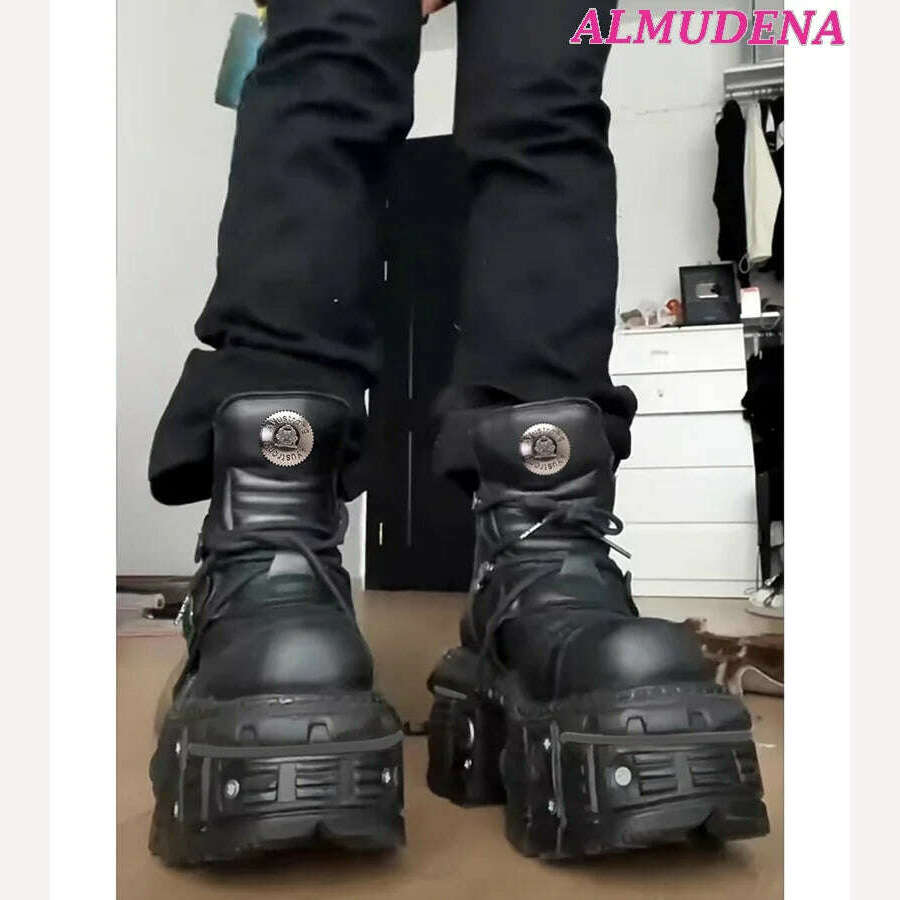 KIMLUD, Black Punk Metal Buckled Boots Women Platform Thick Sole Lace up Rock Leather Shoes Vintage Luxury Designer Y2K Shoe Booties, KIMLUD Womens Clothes