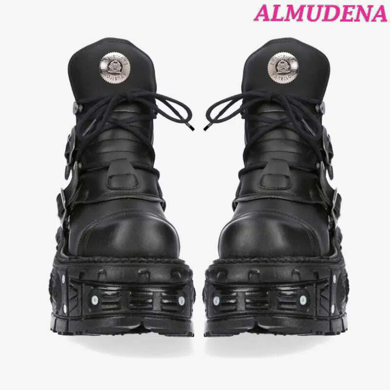 KIMLUD, Black Punk Metal Buckled Boots Women Platform Thick Sole Lace up Rock Leather Shoes Vintage Luxury Designer Y2K Shoe Booties, KIMLUD Womens Clothes