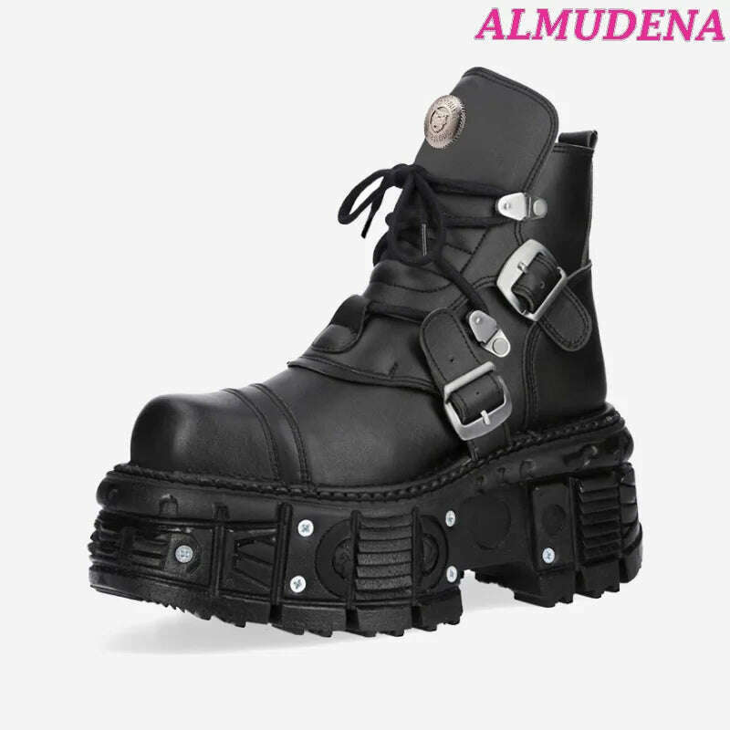 KIMLUD, Black Punk Metal Buckled Boots Women Platform Thick Sole Lace up Rock Leather Shoes Vintage Luxury Designer Y2K Shoe Booties, KIMLUD Womens Clothes
