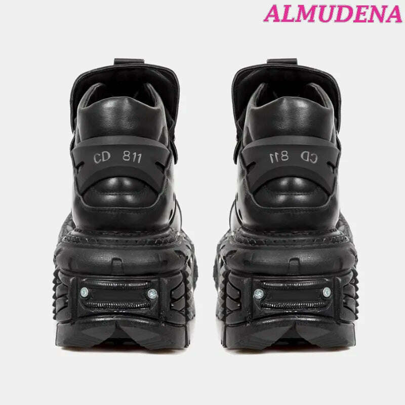 KIMLUD, Black Punk Metal Buckled Boots Women Platform Thick Sole Lace up Rock Leather Shoes Vintage Luxury Designer Y2K Shoe Booties, KIMLUD Womens Clothes