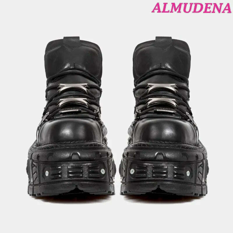 KIMLUD, Black Punk Metal Buckled Boots Women Platform Thick Sole Lace up Rock Leather Shoes Vintage Luxury Designer Y2K Shoe Booties, KIMLUD Womens Clothes