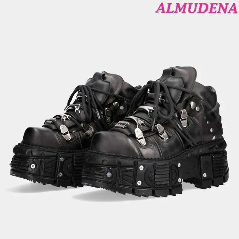 KIMLUD, Black Punk Metal Buckled Boots Women Platform Thick Sole Lace up Rock Leather Shoes Vintage Luxury Designer Y2K Shoe Booties, KIMLUD Womens Clothes