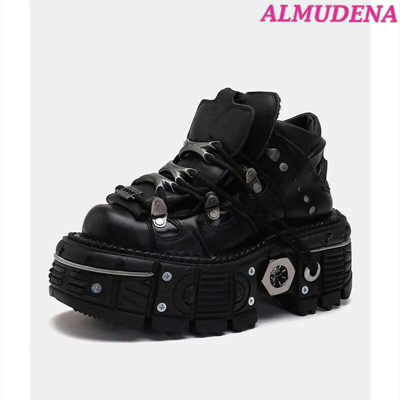 KIMLUD, Black Punk Metal Buckled Boots Women Platform Thick Sole Lace up Rock Leather Shoes Vintage Luxury Designer Y2K Shoe Booties, KIMLUD Womens Clothes