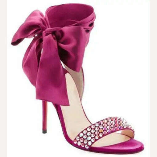 Black Purple Crystal Spike Ankle Lace Up Bow Tie Thin High Heel Runway Fashion Women Dress Shoes Open Toe Stiletto Heel Sandals - KIMLUD