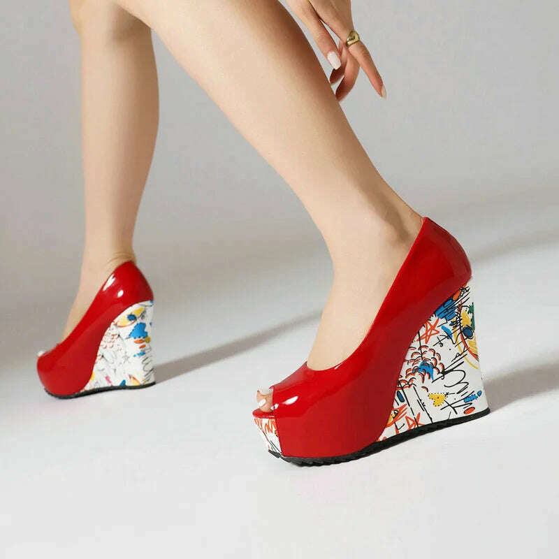 KIMLUD, Black Red White Women High Heel Shoes Platform Wedges High Heel Ladies Pumps Patent PU Leather Fashion Dress Women's Shoes, KIMLUD Womens Clothes