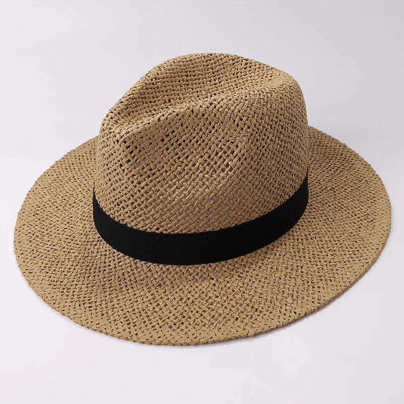 KIMLUD, Black Ribbon Band Panama Hats Summer Women Sun Hat for Men Jazz Top Wide Brim Staw Beach Hat Derby Party Wedding Hat, Khaki with ribbon, KIMLUD Womens Clothes