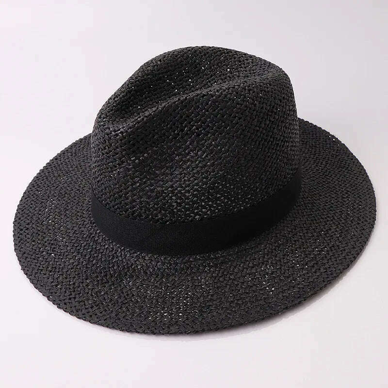 KIMLUD, Black Ribbon Band Panama Hats Summer Women Sun Hat for Men Jazz Top Wide Brim Staw Beach Hat Derby Party Wedding Hat, Black with ribbon, KIMLUD Womens Clothes