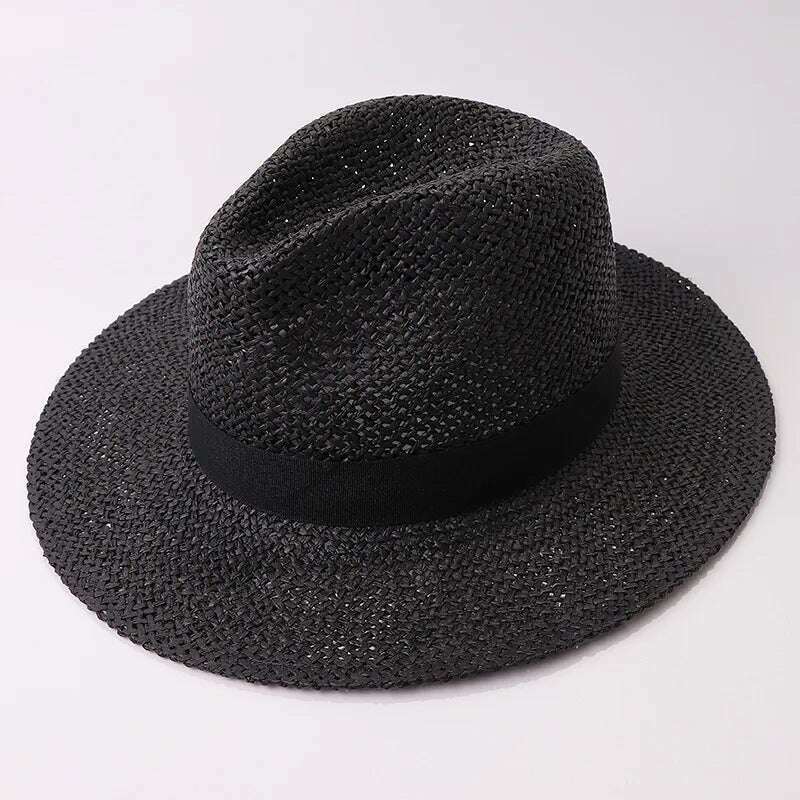 KIMLUD, Black Ribbon Band Panama Hats Summer Women Sun Hat for Men Jazz Top Wide Brim Staw Beach Hat Derby Party Wedding Hat, KIMLUD Womens ClothesKIMLUD, Black Ribbon Band Panama Hats Summer Women Sun Hat for Men Jazz Top Wide Brim Staw Beach Hat Derby Party Wedding Hat, Black with ribbon, KIMLUD APPAREL - Womens Clothes