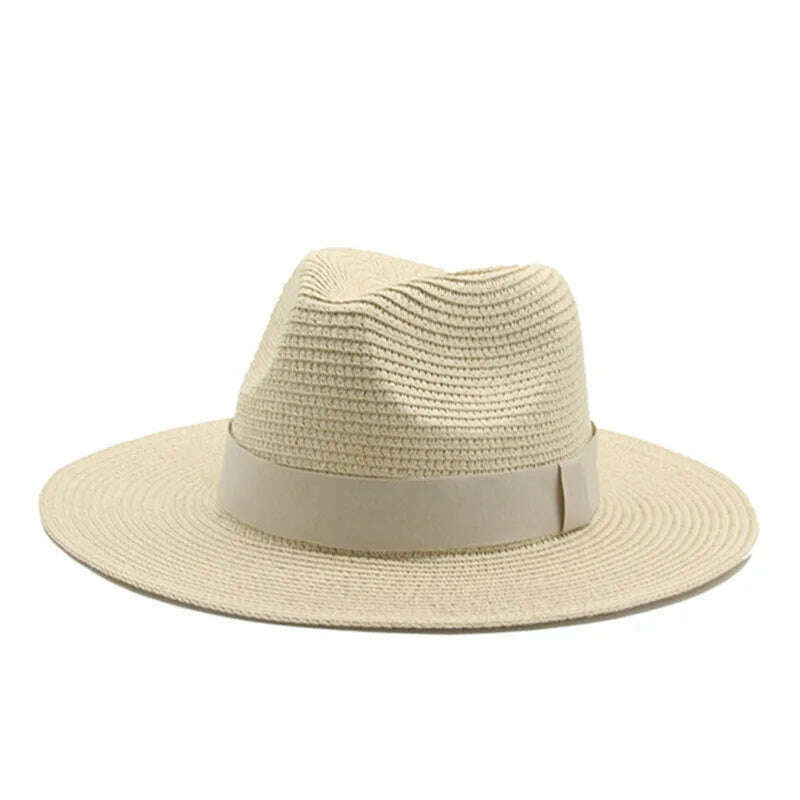Black Ribbon Panama Straw Hat Flat Eaves Outdoor Spring and Summer Sunshade Beach Hats for Women - KIMLUD
