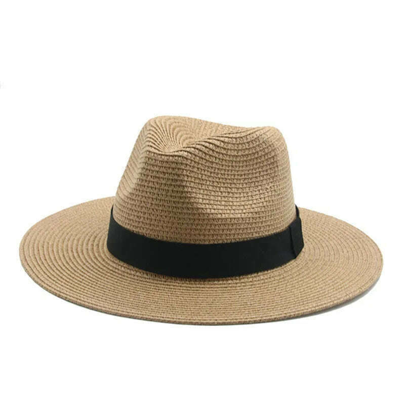 Black Ribbon Panama Straw Hat Flat Eaves Outdoor Spring and Summer Sunshade Beach Hats for Women - KIMLUD