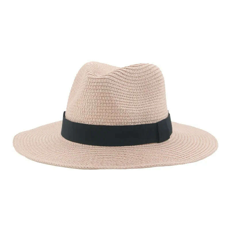 Black Ribbon Panama Straw Hat Flat Eaves Outdoor Spring and Summer Sunshade Beach Hats for Women - KIMLUD