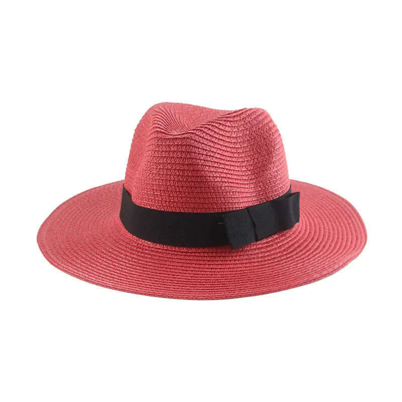 Black Ribbon Panama Straw Hat Flat Eaves Outdoor Spring and Summer Sunshade Beach Hats for Women - KIMLUD