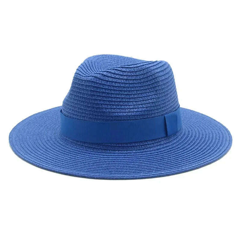 Black Ribbon Panama Straw Hat Flat Eaves Outdoor Spring and Summer Sunshade Beach Hats for Women - KIMLUD