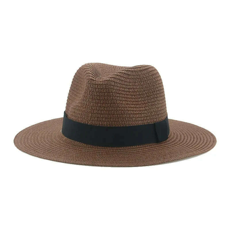 Black Ribbon Panama Straw Hat Flat Eaves Outdoor Spring and Summer Sunshade Beach Hats for Women - KIMLUD