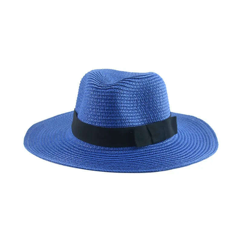 Black Ribbon Panama Straw Hat Flat Eaves Outdoor Spring and Summer Sunshade Beach Hats for Women - KIMLUD