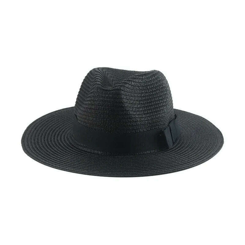 Black Ribbon Panama Straw Hat Flat Eaves Outdoor Spring and Summer Sunshade Beach Hats for Women - KIMLUD