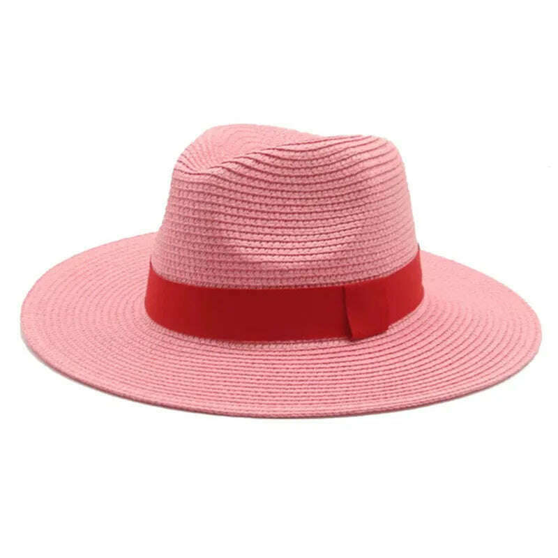 Black Ribbon Panama Straw Hat Flat Eaves Outdoor Spring and Summer Sunshade Beach Hats for Women - KIMLUD