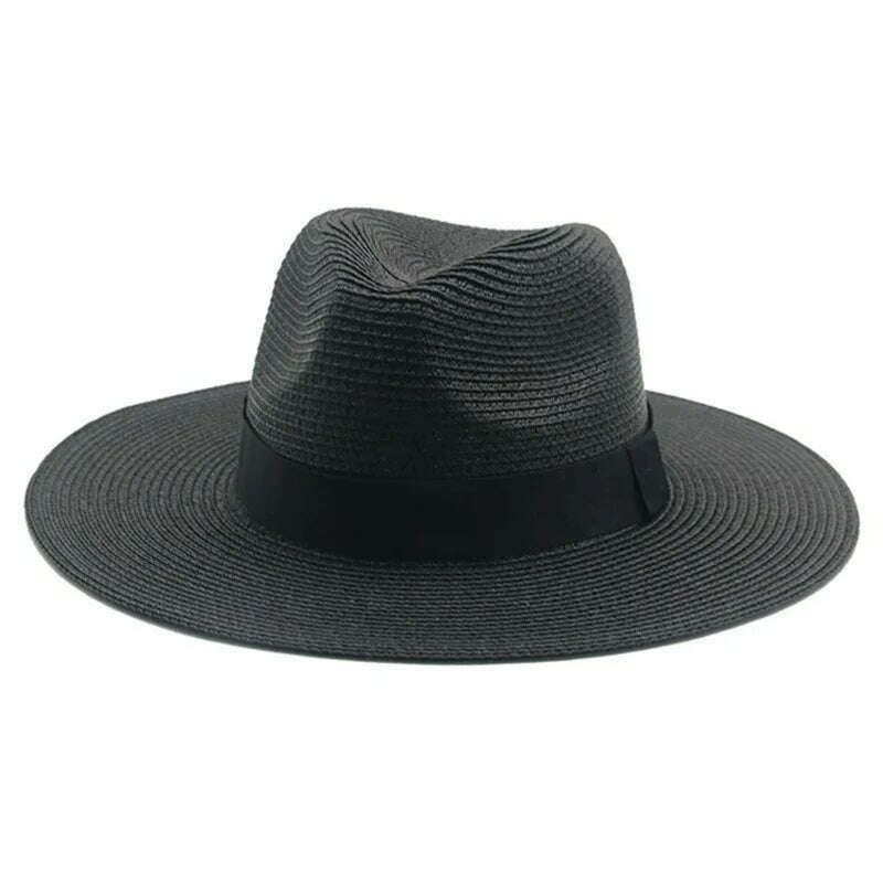 Black Ribbon Panama Straw Hat Flat Eaves Outdoor Spring and Summer Sunshade Beach Hats for Women - KIMLUD