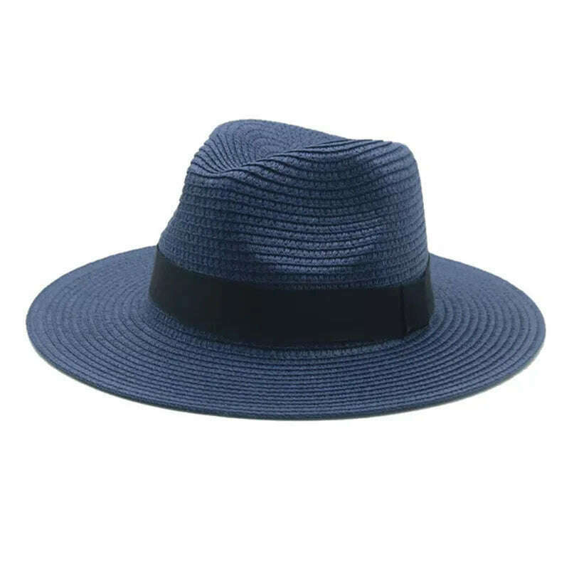 Black Ribbon Panama Straw Hat Flat Eaves Outdoor Spring and Summer Sunshade Beach Hats for Women - KIMLUD