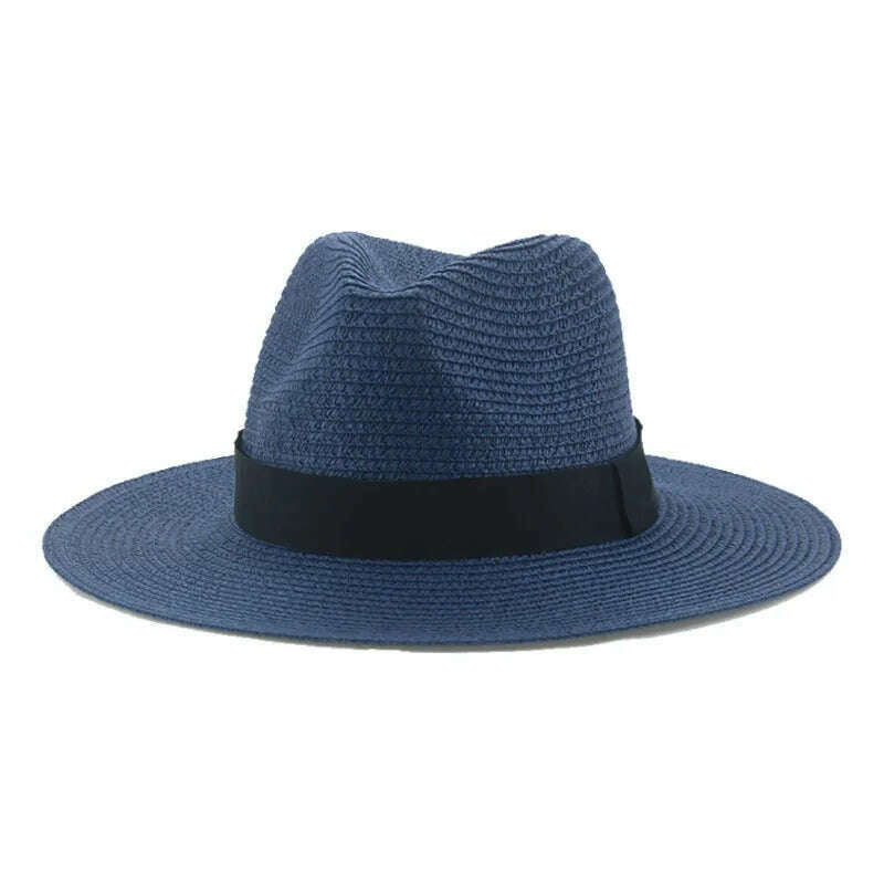Black Ribbon Panama Straw Hat Flat Eaves Outdoor Spring and Summer Sunshade Beach Hats for Women - KIMLUD