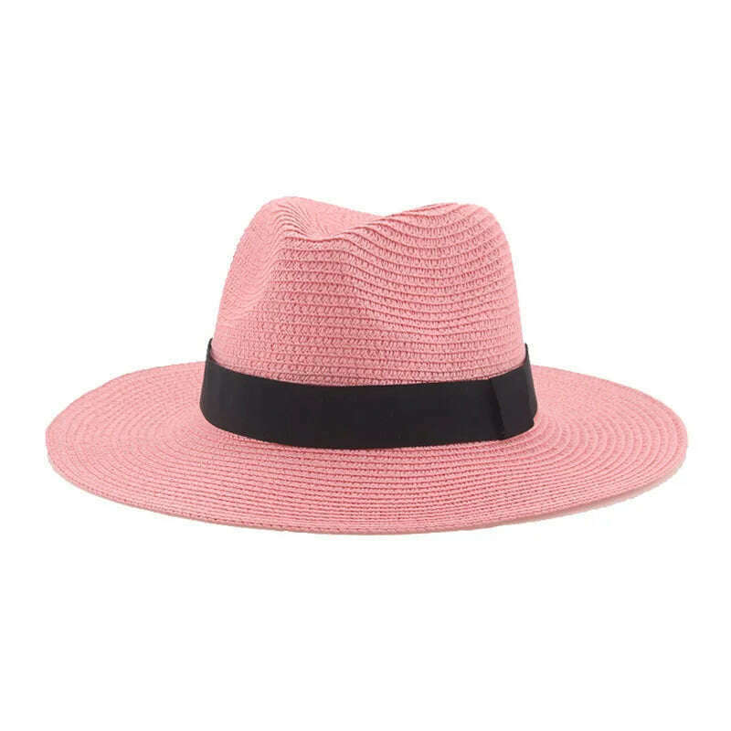 Black Ribbon Panama Straw Hat Flat Eaves Outdoor Spring and Summer Sunshade Beach Hats for Women - KIMLUD